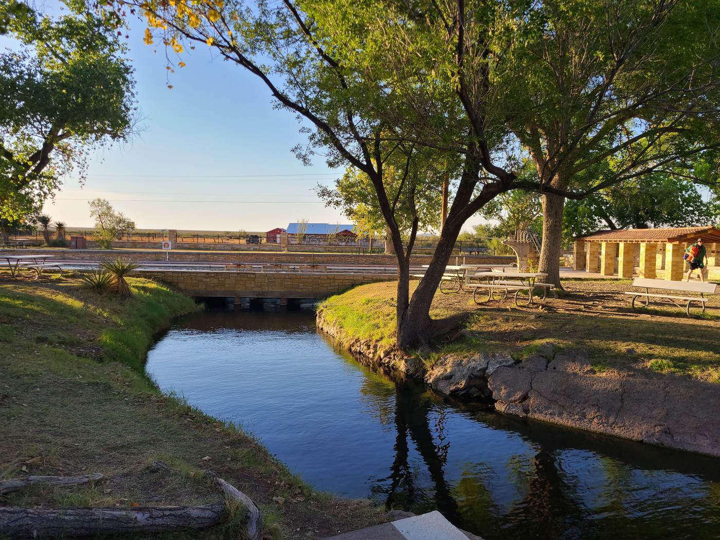 The spring-fed canal running clear between concrete banks under tall cottonwoods at the edge of Balmorhea, Texas