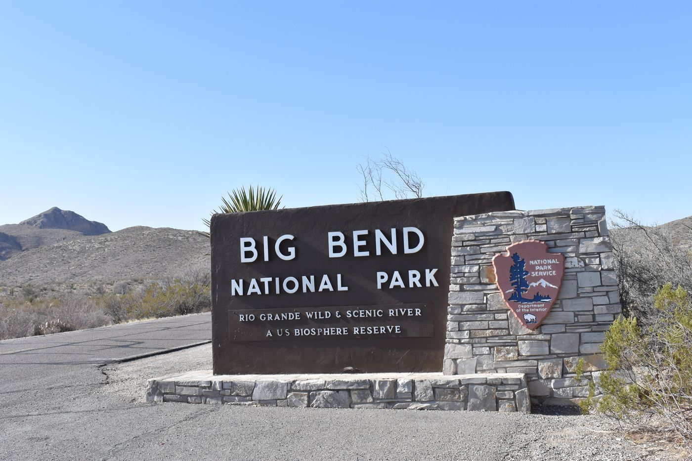 The stone entrance sign for Big Bend National Park, Rio Grande Wild and Scenic River, a US Biosphere Reserve