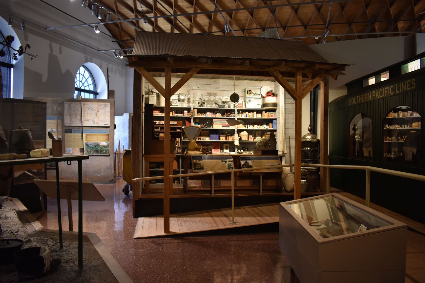 A reconstructed store front and Southern Pacific Lines exhibit inside the Museum of the Big Bend in Alpine, Texas