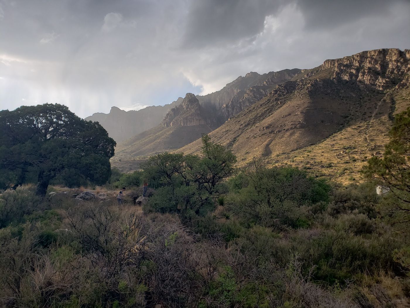Storm clouds breaking over the ridgeline above Pine Spring Canyon in Guadalupe Mountains National Park, with juniper and desert scrub in the foreground