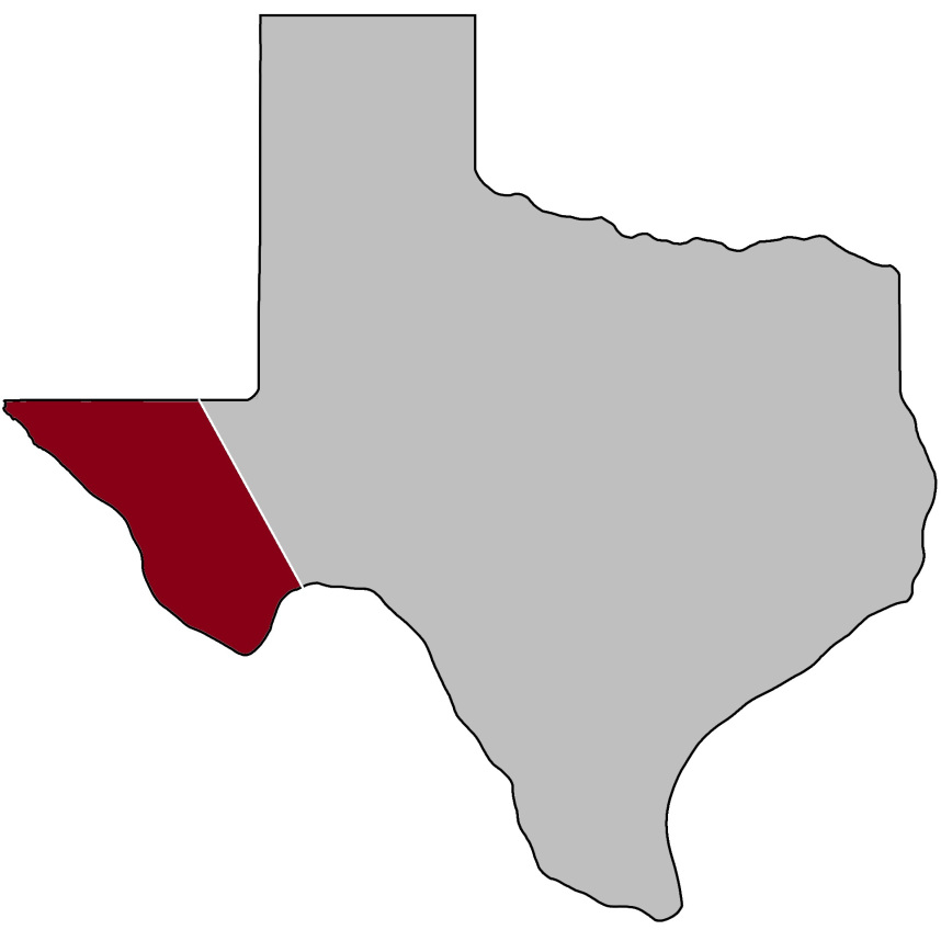 Map of Texas with the six westernmost counties highlighted in dark red at the far western tip of the state